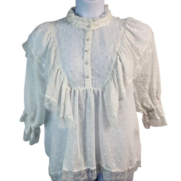 NEW POL Small White Sheer Blouse Standup Collar Ruffles Lace BOHO Vintage Style - Picture 4 of 16